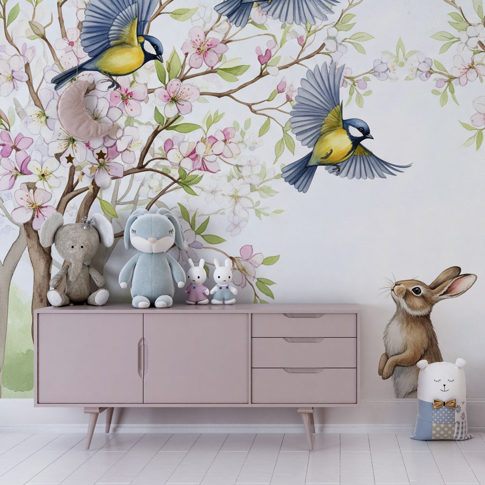 Floral bunny mural wallpaper transforming toddler bedroom into garden sanctuary