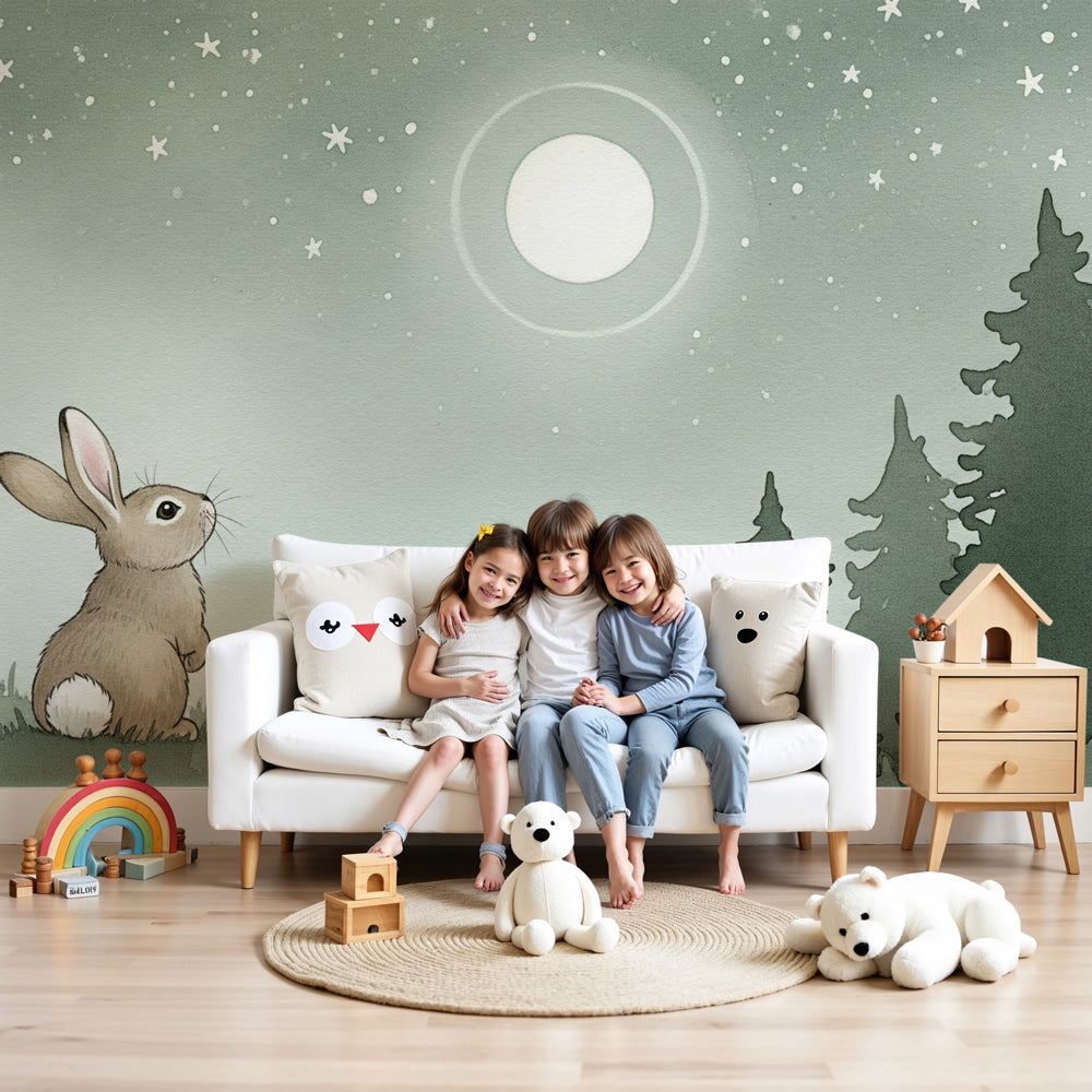 Bunny moon mural wallpaper creating peaceful nursery atmosphere with woodland theme by Kids-Mundo