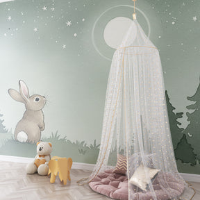 Starry night bunny mural wallpaper creating magical bedtime environment for children's room