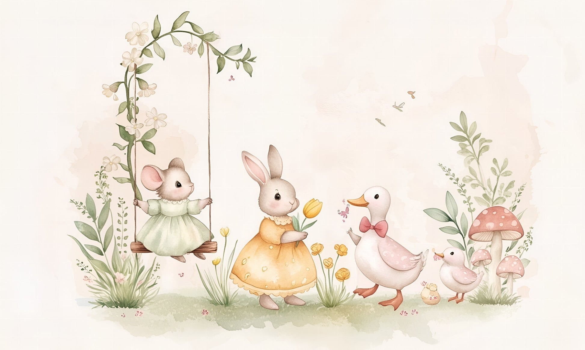 Kids-Mundo flat artwork of a bunny, mouse and duck parade for this wall mural