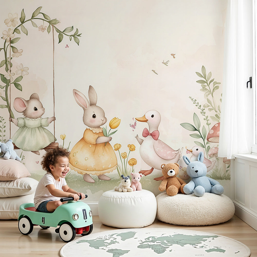 Kids-Mundo bunny, mouse and duck parade wall mural in a soft pastel nursery