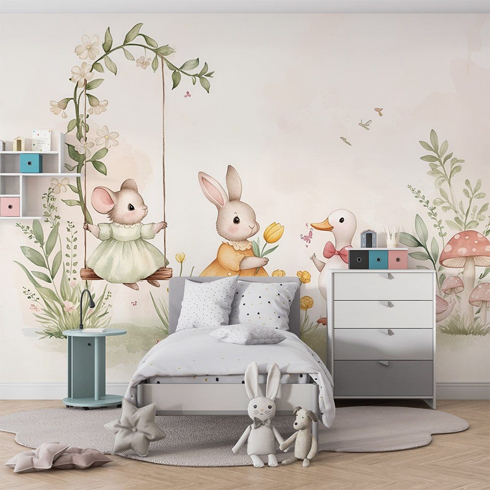 Kids-Mundo pastel bunny and duck wall mural brightening a children's playroom