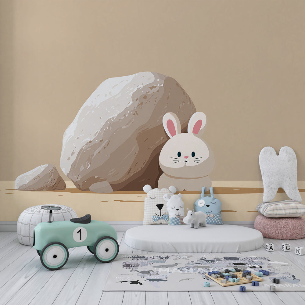Cute rabbit wallpaper creating serene atmosphere in baby's bedroom with soft lighting