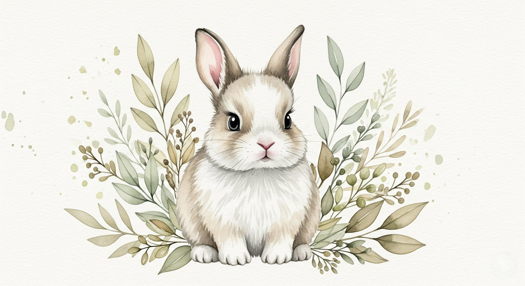 Detailed bunny and foliage mural wallpaper design pattern showing watercolor botanical elements by Kids-Mundo