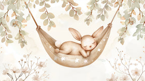 Detailed bunny star hammock mural wallpaper design pattern with tender foliage by Kids-Mundo