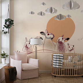Sunlit rabbit wallpaper creating cozy atmosphere in children's bedroom