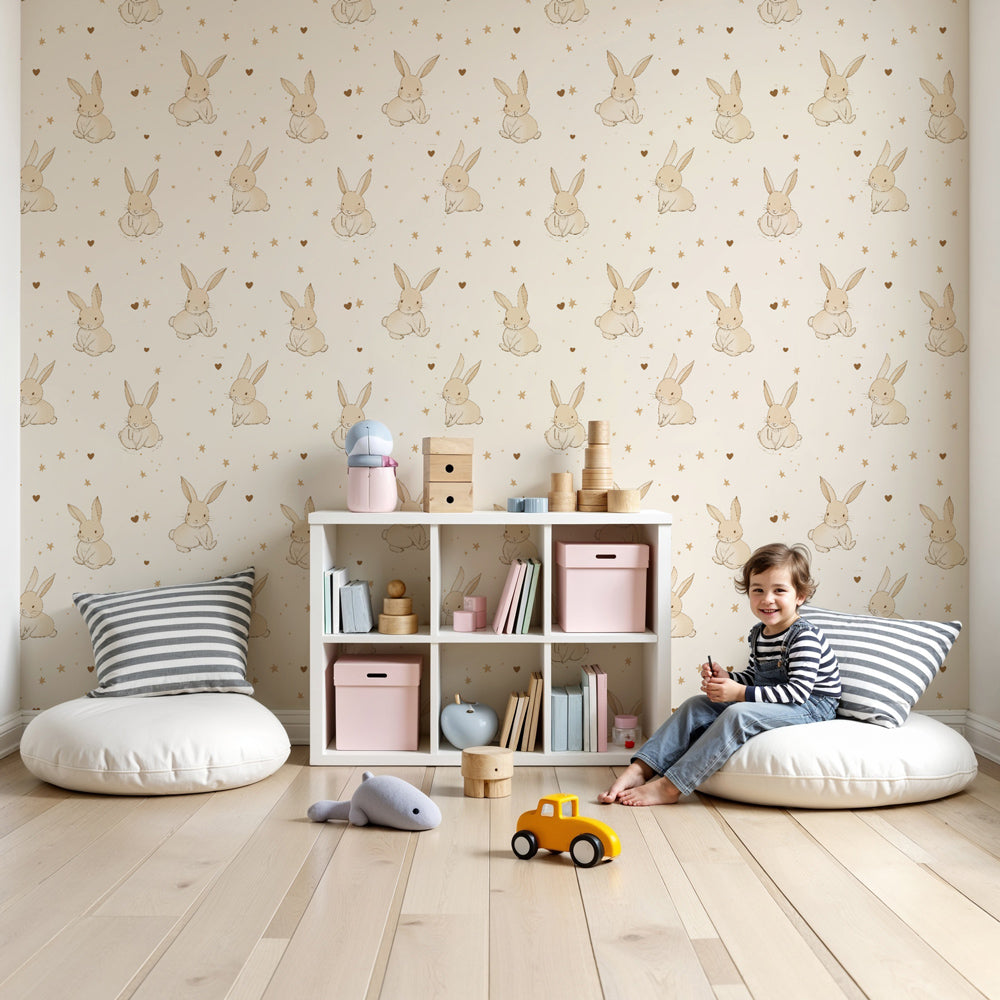 Bunny mural wallpaper with golden stars decorating cozy nursery room by Kids-Mundo