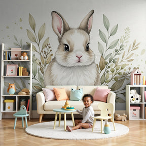 Cute bunny mural wallpaper creating peaceful nursery decor with botanical foliage by Kids-Mundo