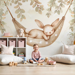 Dreamy bunny star hammock mural wallpaper in modern baby nursery room by Kids-Mundo