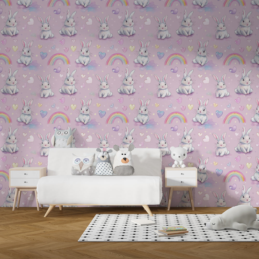 Adorable bunny wallpaper with rainbow accents transforming kids playroom space