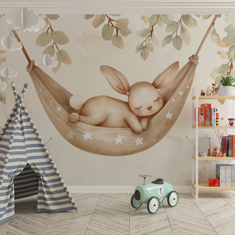 Bunny hammock wallpaper creating peaceful atmosphere in children's bedroom with soft lighting