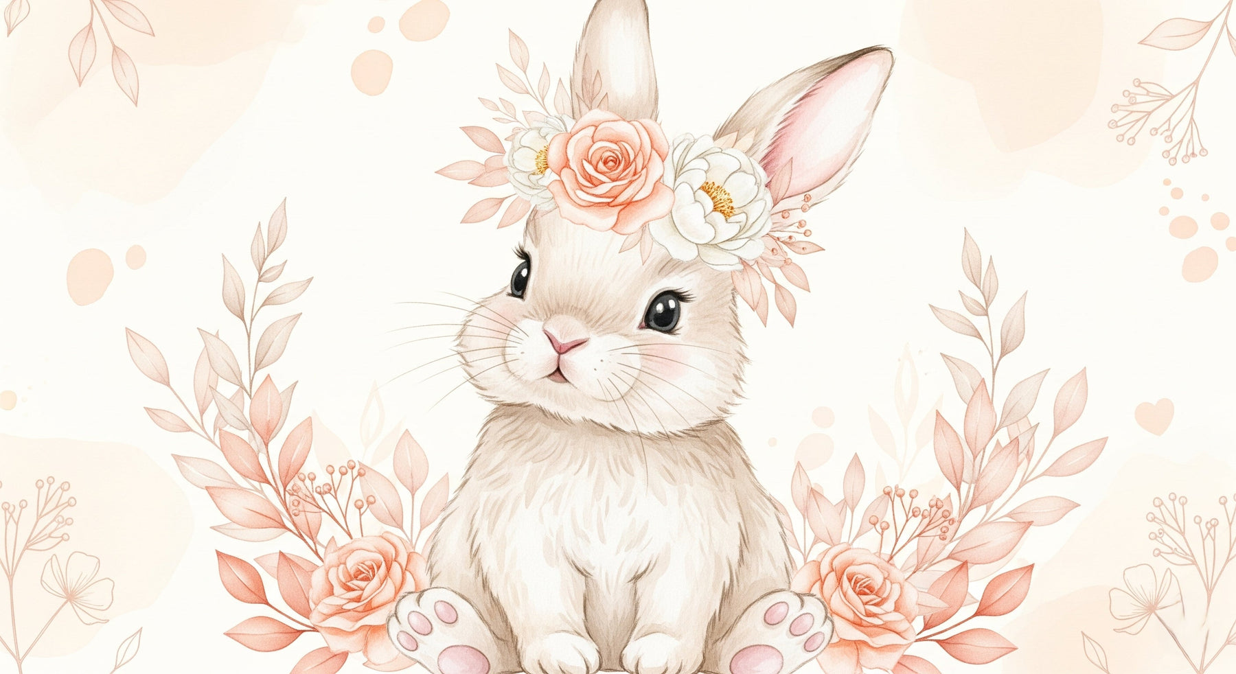 Detailed bunny rabbit with floral crown mural wallpaper design pattern by Kids-Mundo