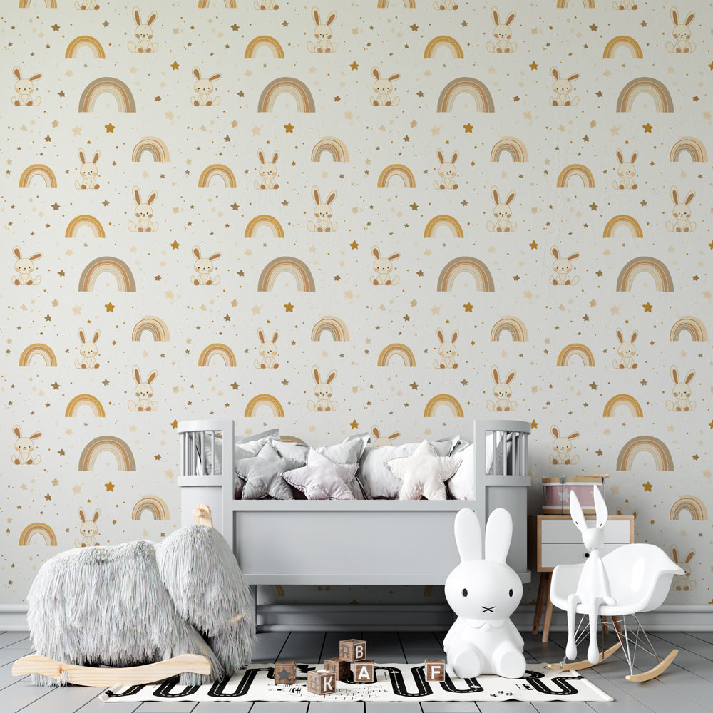 Golden rainbow and bunny wallpaper transforming children's bedroom into whimsical space
