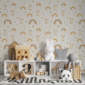 Beige bunny rainbow mural wallpaper creating peaceful atmosphere in modern kids room