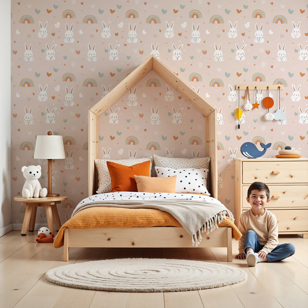 Bunny rainbow mural wallpaper in bright nursery with wooden crib by Kids-Mundo