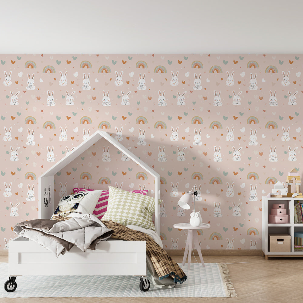 Colorful bunny rainbow mural wallpaper transforming children's playroom into whimsical space