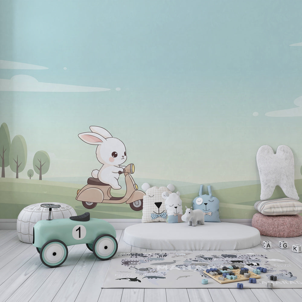 Happy rabbit adventure wallpaper creating playful atmosphere in children's bedroom