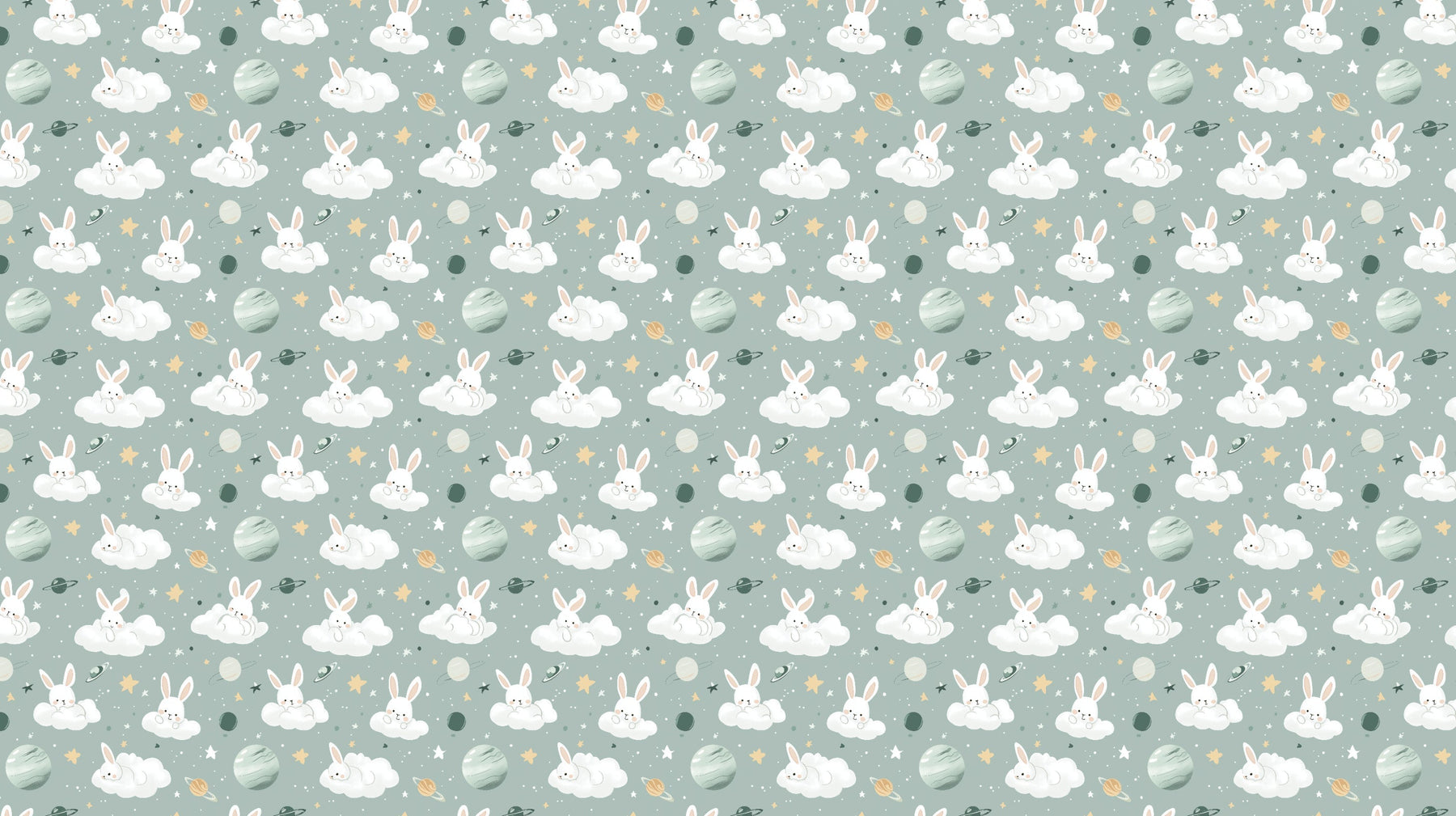 Detailed bunny space mural wallpaper design pattern with clouds and stars by Kids-Mundo