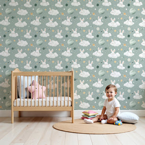 Bunny space mural wallpaper in modern nursery with clouds and stars by Kids-Mundo