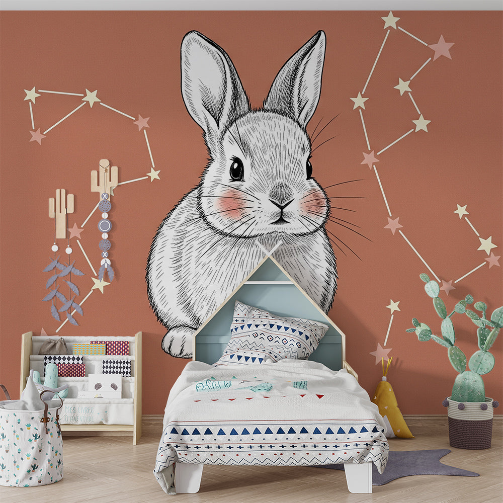 Kids-Mundo sketched bunny wall mural styled in a calm terracotta kids bedroom