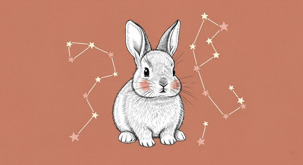 Kids-Mundo flat artwork of a sketched bunny surrounded by star constellations on terracotta