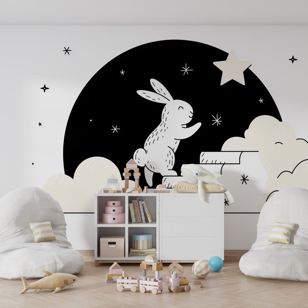 Night sky bunny wallpaper transforming baby bedroom into magical space with twinkling stars