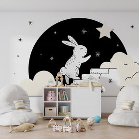 Night sky bunny wallpaper transforming baby bedroom into magical space with twinkling stars