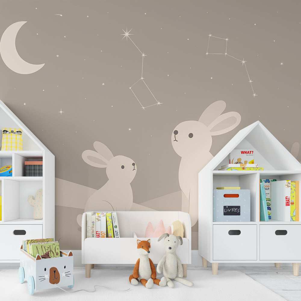 Night sky bunny wallpaper creating dreamy atmosphere in children's bedroom with soft lighting