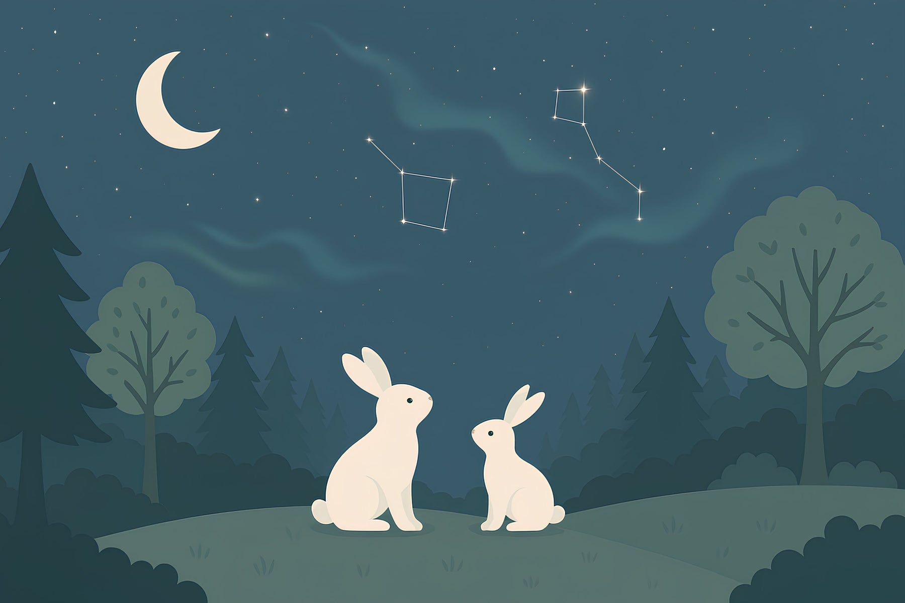 Detailed bunny stars night sky mural wallpaper design pattern with moon and trees by Kids-Mundo