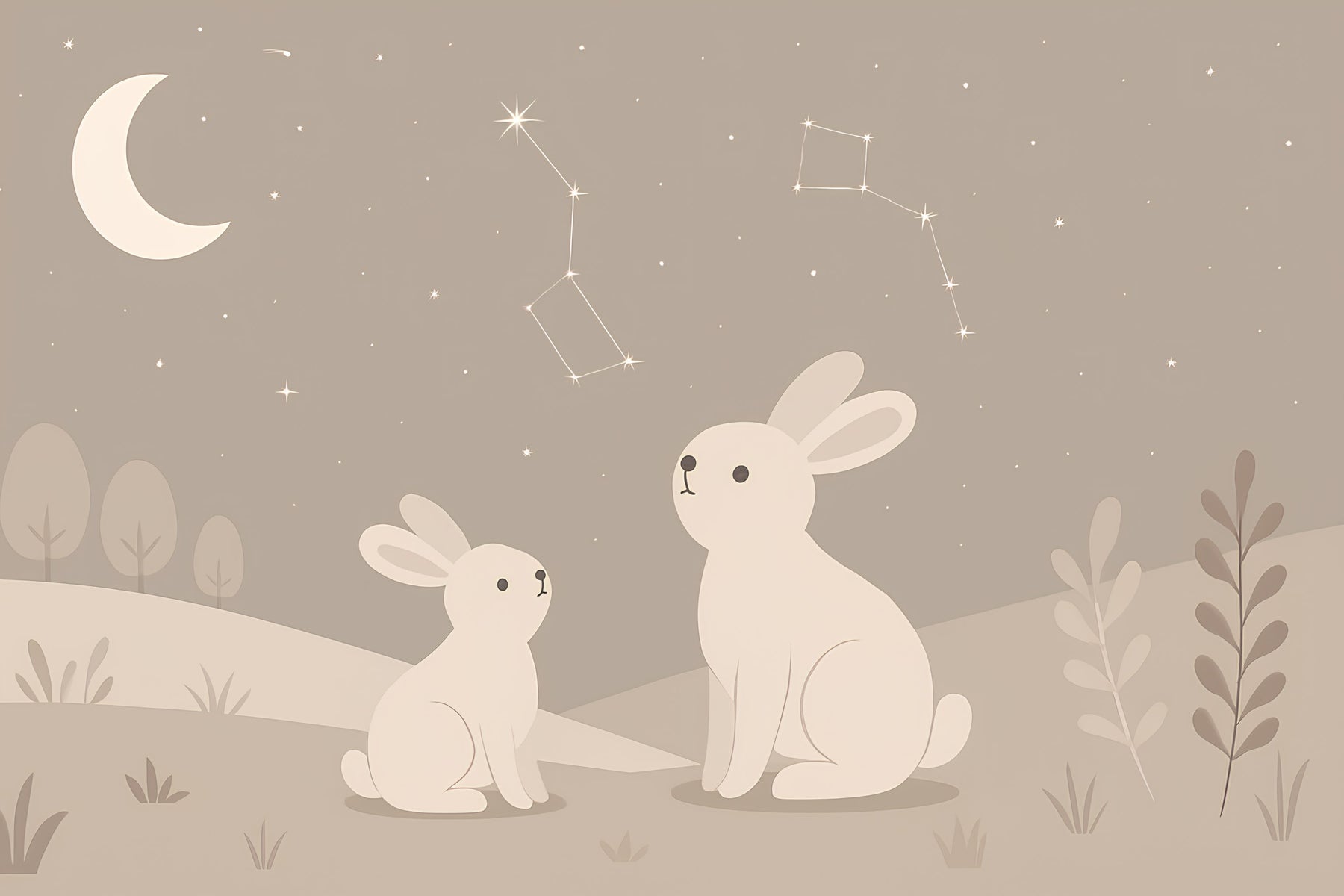 Detailed bunny stars night sky mural wallpaper design pattern showing rabbits under starlit sky