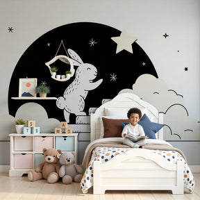 Bunny stars mural wallpaper creating dreamy atmosphere in modern nursery by Kids-Mundo