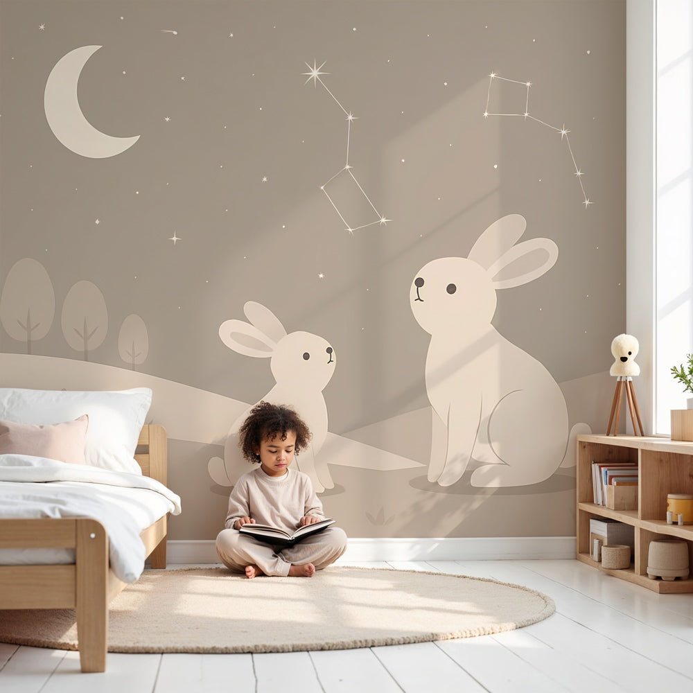 Bunny stars mural wallpaper in cozy nursery setting with wooden furniture by Kids-Mundo