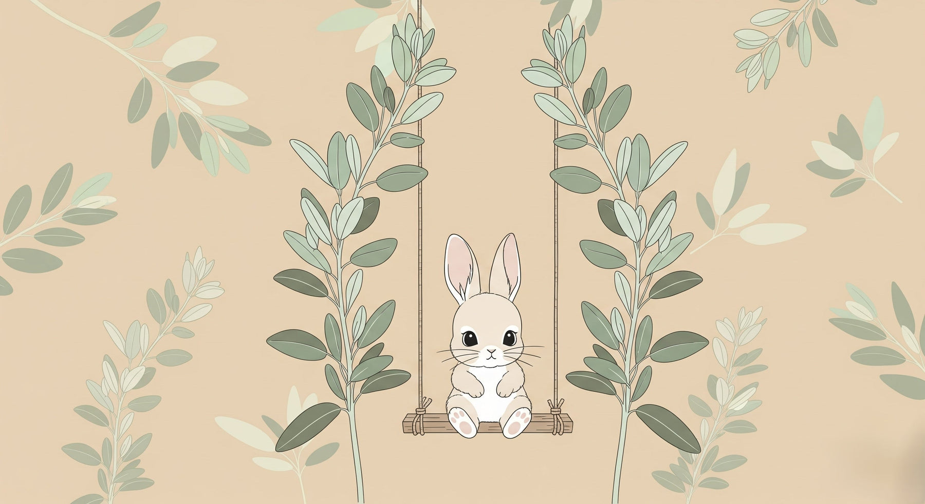 Detailed bunny swing mural wallpaper design pattern with green foliage by Kids-Mundo