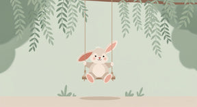 Detailed bunny swing garden mural wallpaper design pattern with delicate foliage by Kids-Mundo
