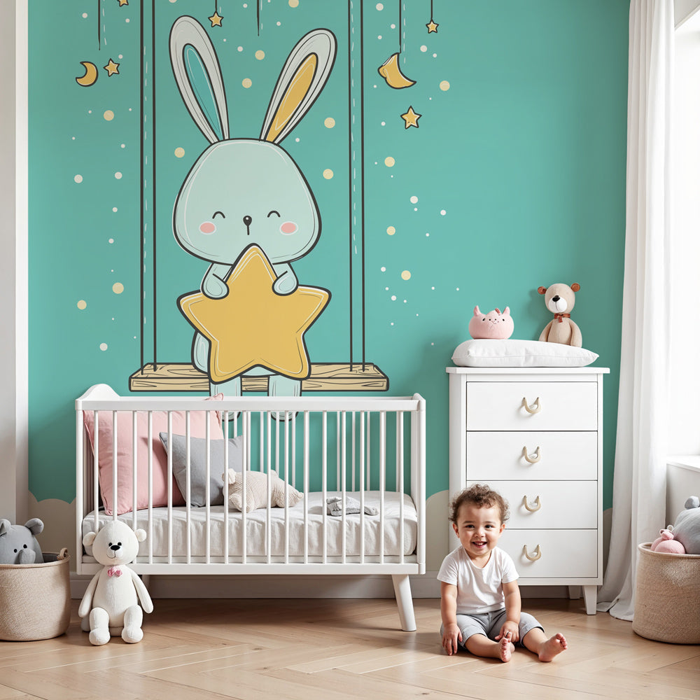 Bunny swing mural wallpaper creating magical nursery atmosphere with starry night theme by Kids-Mundo