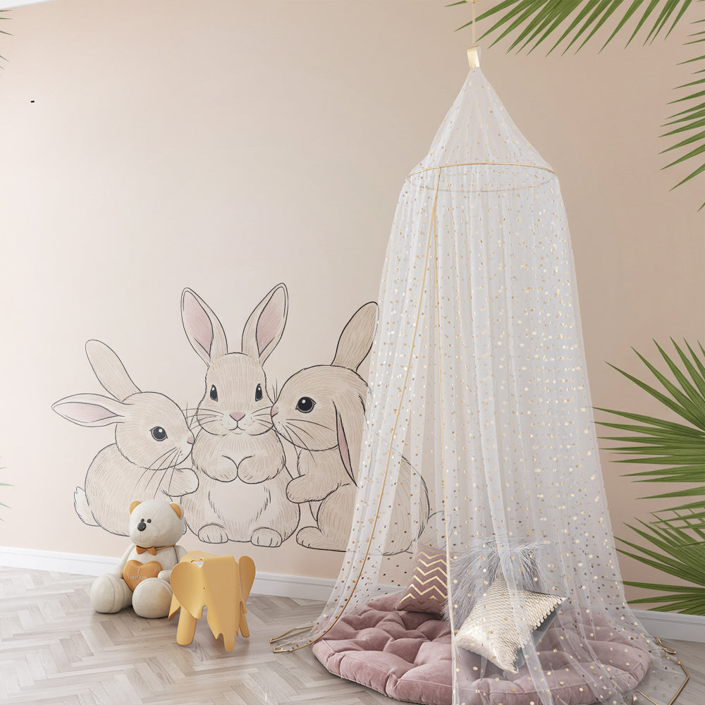 Kids-Mundo sketched bunny trio wall mural styled on a feature wall in a calm kids bedroom