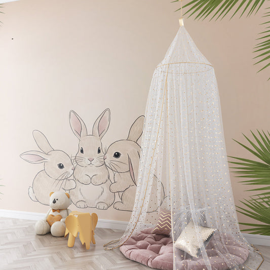 Kids-Mundo sketched bunny trio wall mural styled on a feature wall in a calm kids bedroom