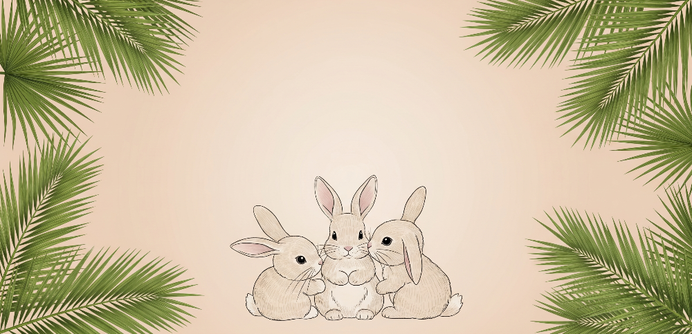 Sketched Bunny Trio with Palm Leaves Wall Mural