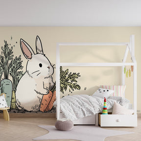 Soft bunny garden wallpaper creating cozy toddler bedroom atmosphere with warm lighting