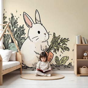 Bunny vegetables mural wallpaper in peaceful baby nursery with natural wood crib by Kids-Mundo