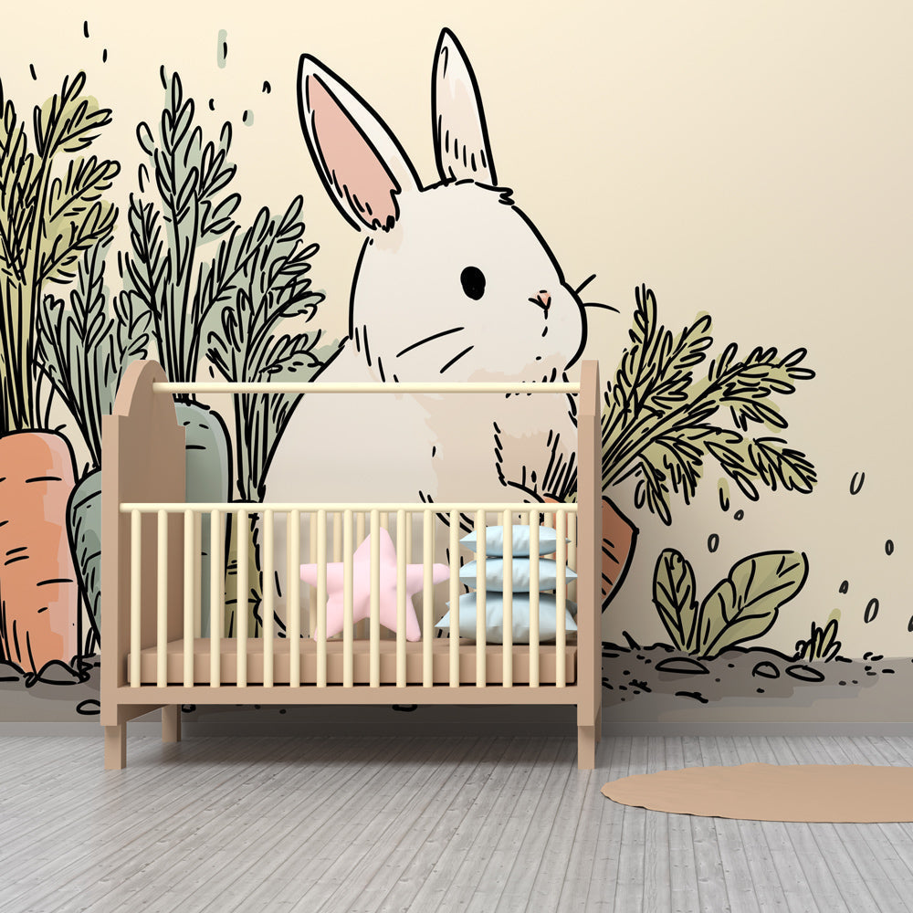 Baby room featuring gentle bunny and carrots mural wallpaper with organic decor elements