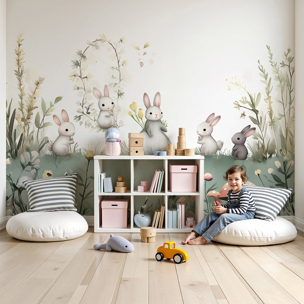 Kids-Mundo bunny meadow wall mural with wildflowers in a calming sage nursery