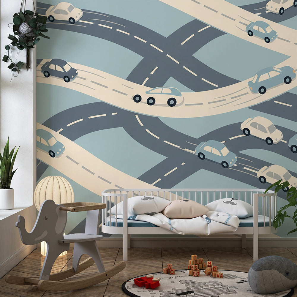 Kids-Mundo colourful roads and cars wall mural styled in an active kids bedroom