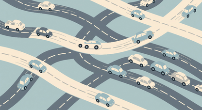 Kids-Mundo cars wall mural flat artwork showing winding roads, bridges and colourful cars