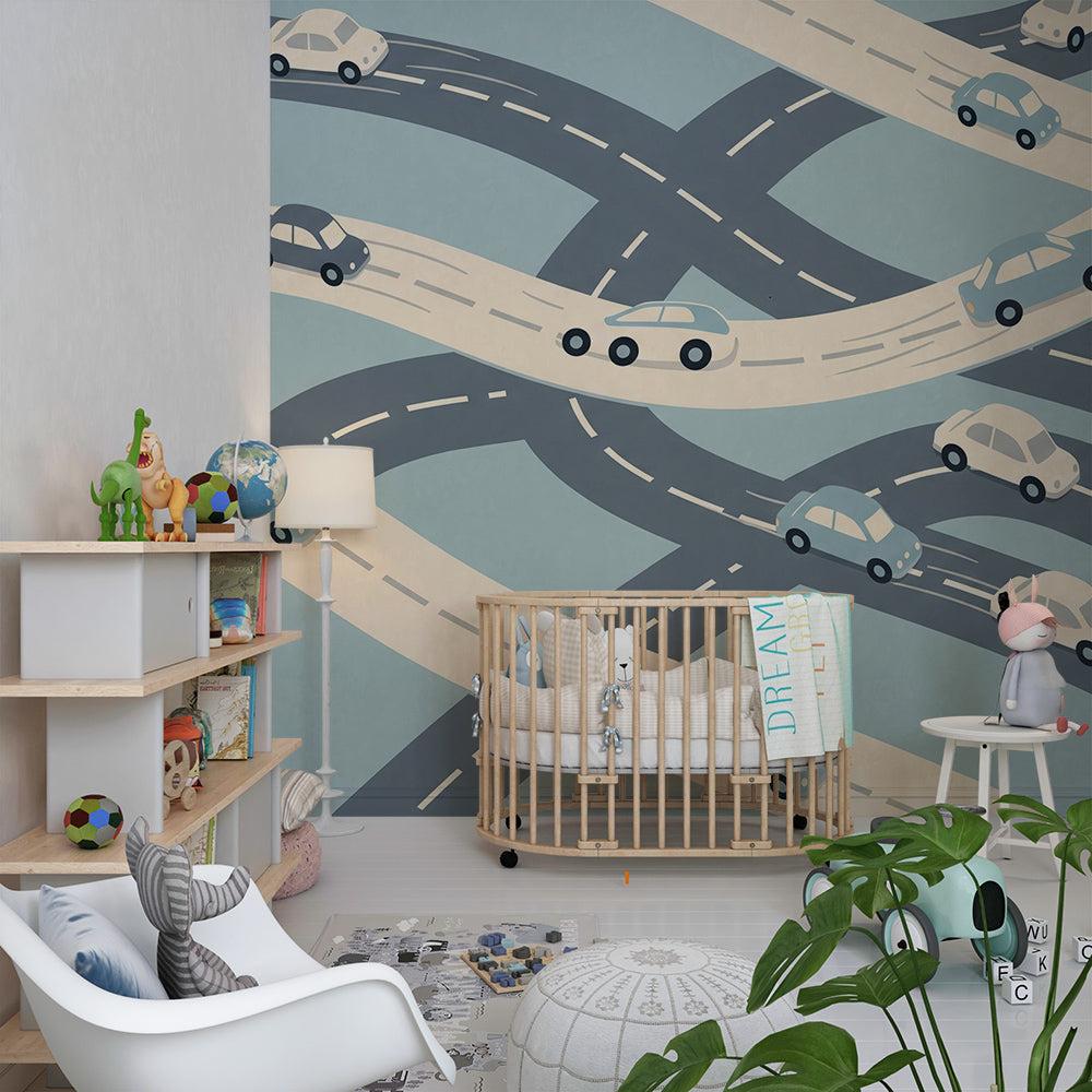 Kids-Mundo cars wall mural bringing energy to a fun, car-themed playroom space