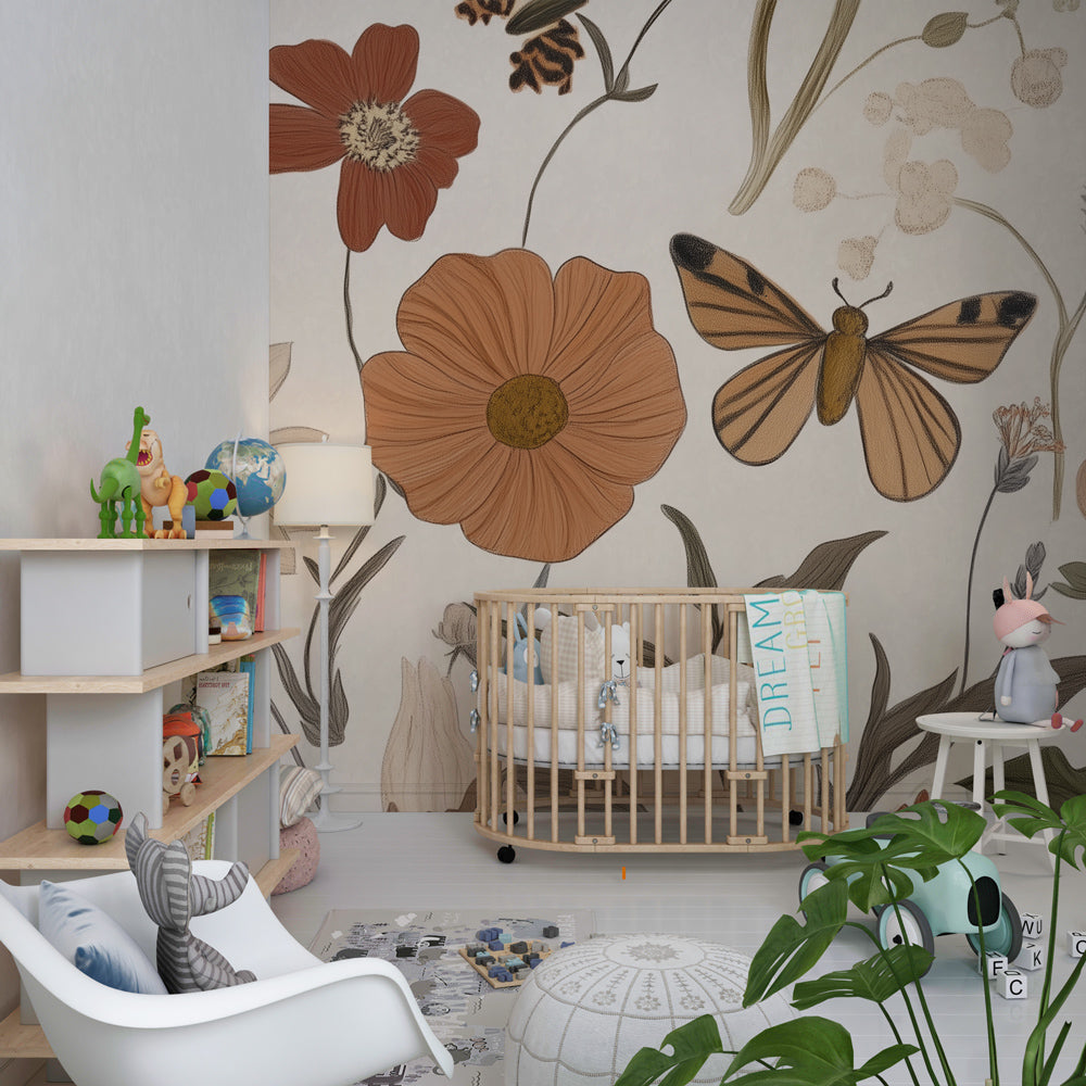 Vintage floral mural wallpaper with butterflies in beige tones for children's bedroom by Kids-Mundo
