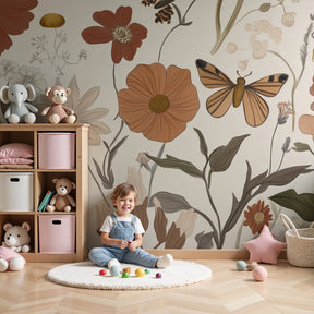 Butterfly garden mural wallpaper with vintage flowers creating enchanted nursery decor by Kids-Mundo