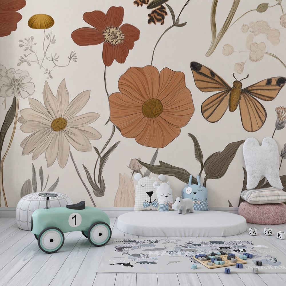 Enchanted garden wallpaper featuring butterflies and flowers in soft pastels for kids playroom