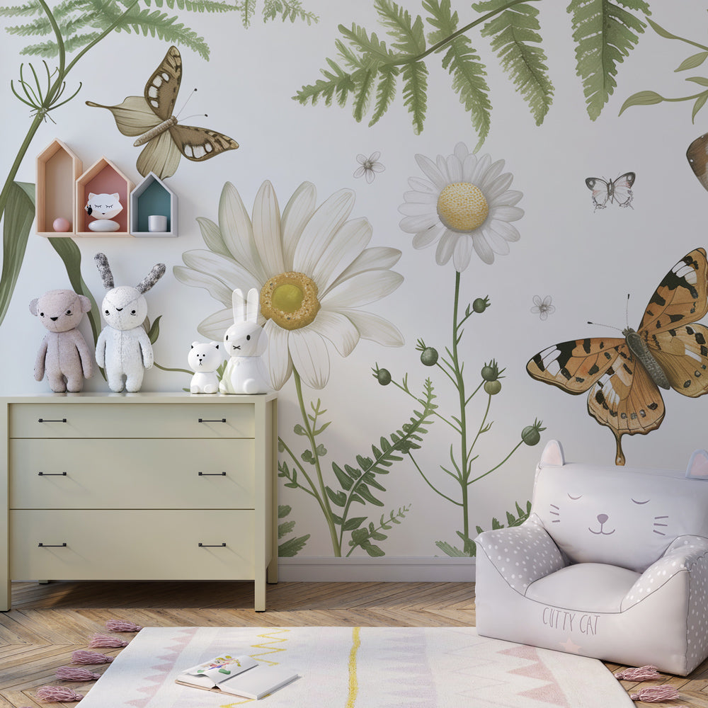 Nature themed mural wallpaper featuring fairy and botanical elements in children's playroom