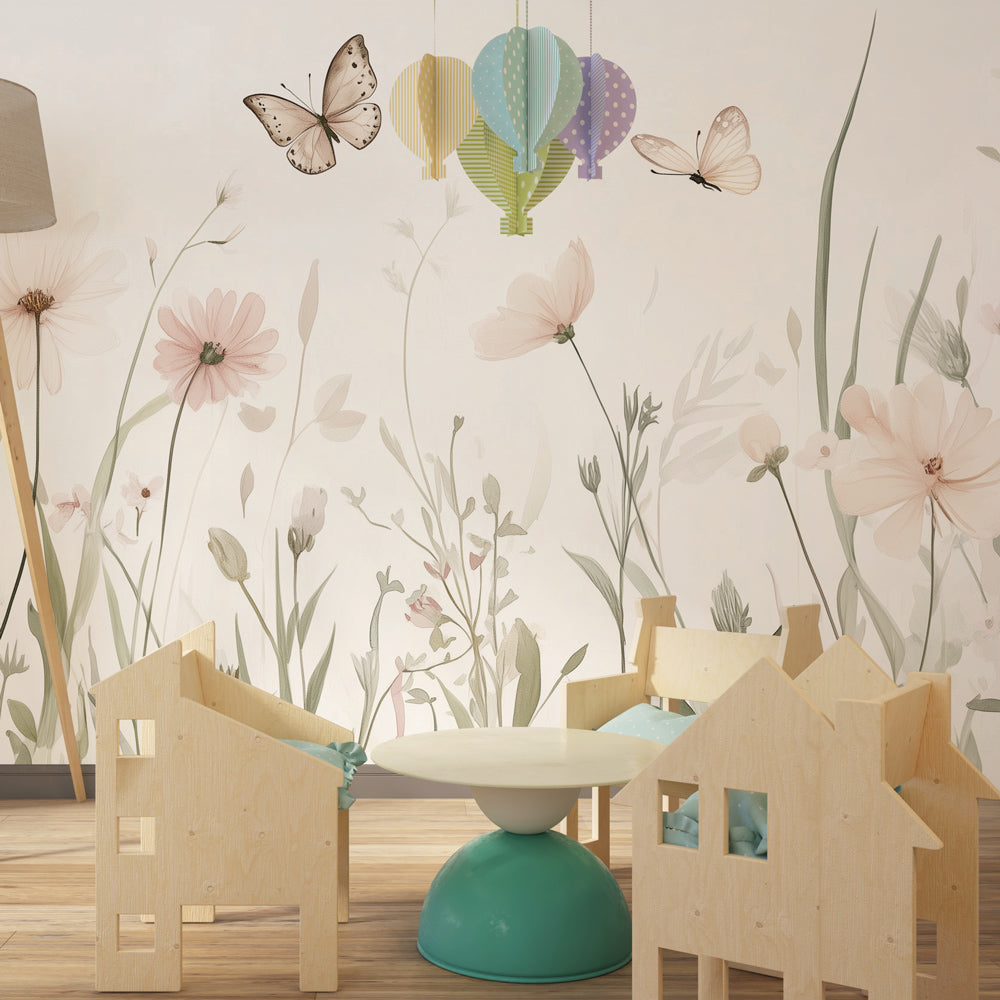 Butterfly and flower wallpaper creating peaceful nursery atmosphere with natural lighting